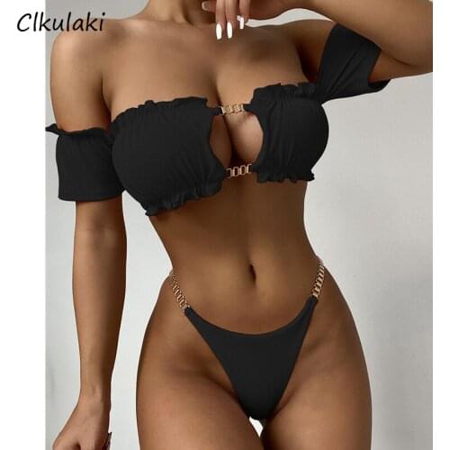2021 New Sexy Off-Shoulder Short-Sleeved Bikinis Swimsuits Women Solid Two-piece Swimwear Summer Beach Bathing Suits Bikini Set