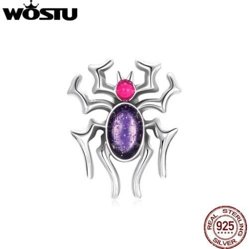 WOSTU 925 Sterling Silver Charm Spider Bead Purple Zircon Pendant Fit Original Bracelet Necklace DIY Jewelry CQC1842