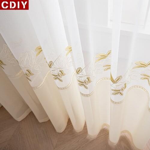 CDIY Luxury Sheer Window Curtains Leaves Embroidered Tulle for Bedroom the Living Room Kitchen Voile Curtains for Blind Drapes