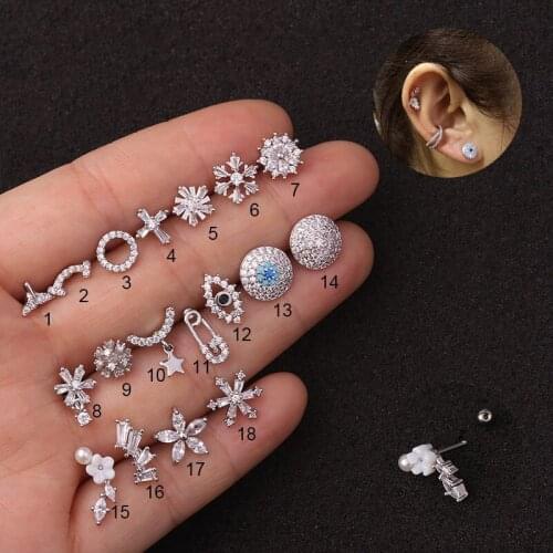 1Pc Barbell With Cz Cartilage Stud Earring Stainless Steel Copper Flower Star Conch Rook Tragus Helix Piercing Jewelry