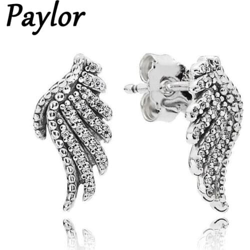 Paylor Trendy Silver Color CZ Zirconia Feather Magnificent Wings Stud Earrings for Women Wedding Jewelry Christmas Gifts