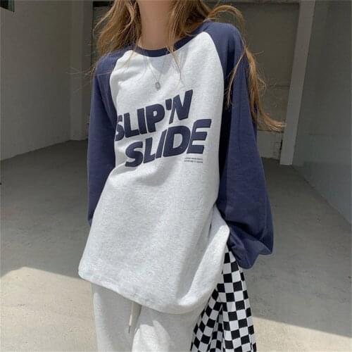 Alien Kitty Korean Letter Sweatshirts Lady Loose Color-Hit Pullovers Chic 2021 All Match Sweet Autumn Stylish New Femme Tops
