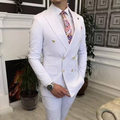 SZMANLIZI 2020 Custom Made White Costume Homme 2 Pieces Men Suit For Business Groom Double Breasted Wedding Dress Tuxedo Suits