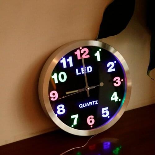 Creative LED Color Light Wall Clock Round Metal Clock for Home Office