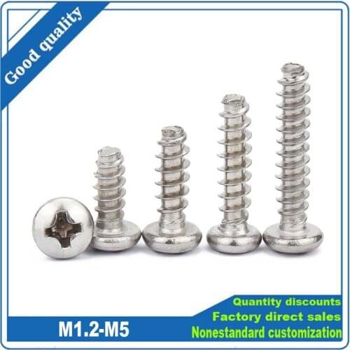 20/100X M1.2 M1.4 M1.7 M2 M2.6 M3 M3.5 M4M5 304 Stainless Steel Cross Recess Phillips Pan Round Head Flat End Self Tapping Screw