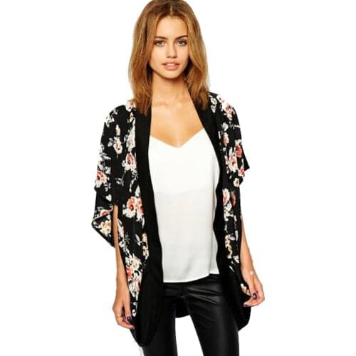 Stylish Bar Floral Print Shawl Chiffon Blouse Women Sheer Kimono Cardigan Capes Patchwork Casual Cover up Tops Autumn Summer