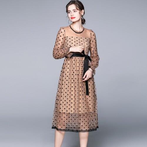 JSXDHK High Quality Summer Mesh Midi Dress 2021 Elegant Women Wave Point Print Embroidery Lace Up Vintage Tulle Casual Vestidos