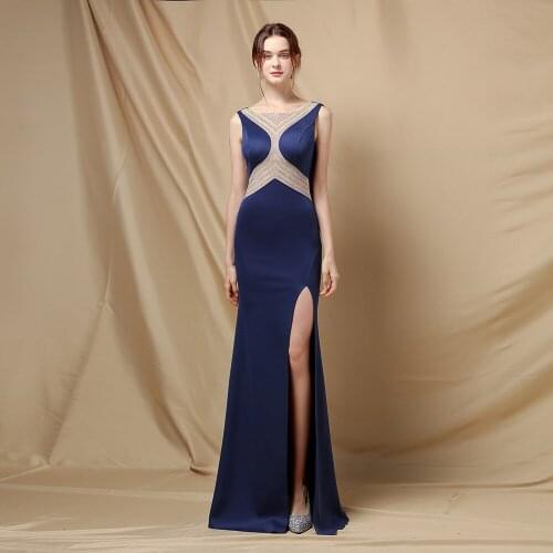 Fashion Bridal Robe De Soriee Halter Crisatl Tulle O Neck Evening Dresses Long Sexy Mermaid Prom Gowns Side Split 5 Colors