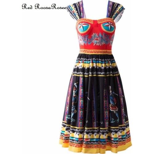 Red RoosaRosee Fashion Summer Women Print Sexy Square Collar Sleeveless Elegant Midi Dress Vintage Backless Dresses Vestidos New