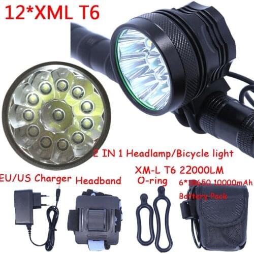 12t6 2 in 1 Headlamp Headlight 22000 Lumens 12 x XM-L T6 LED Bicycle Light Cycling Bike Head Lamp + 18650 Battery Pack+Charger