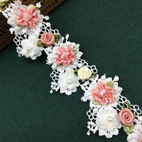 2 yard Colorful Pearl Rose Flower Embroidered Guipure Lace Trim Ribbon Fabric Handmade Sewing Craft For Costume Hat Shoes Decor