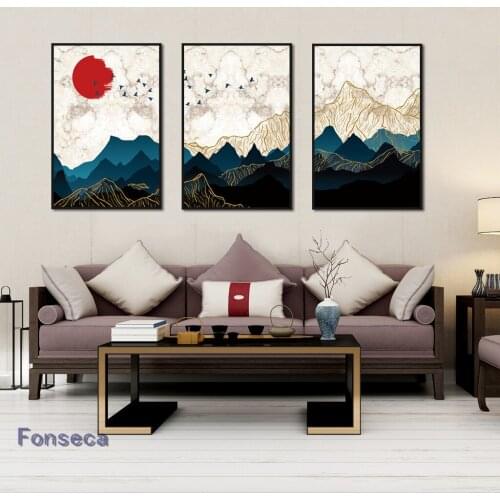 Abstract Landscape Canvas Painting Chic Red Sun Mountain Poster And Print Wall Art Decorative Pictures For Living Room No Frame