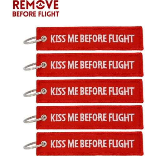 5PCS/LOT Kiss Me Before Flight Key Chain Label Red Embroidery Key Ring Luggage Tag chaveiro for Aviation Gift Keychain Women Man