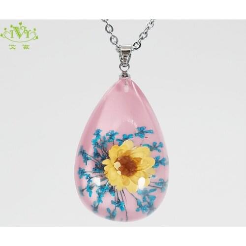 Classical Handmade Natural Dried Flower Pink Choker Necklace Pendants Stainless Steel Long Chain Plants Jewelry Custom Necklaces