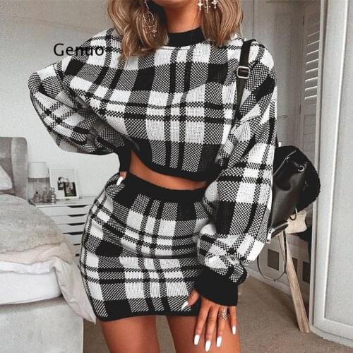Two Pieces Plaid Sets Womens Autumn Winter Long Sleeve Crop Top No Hoodies Crop Top Sweatshirt Hip Skirts Knitted Outfit