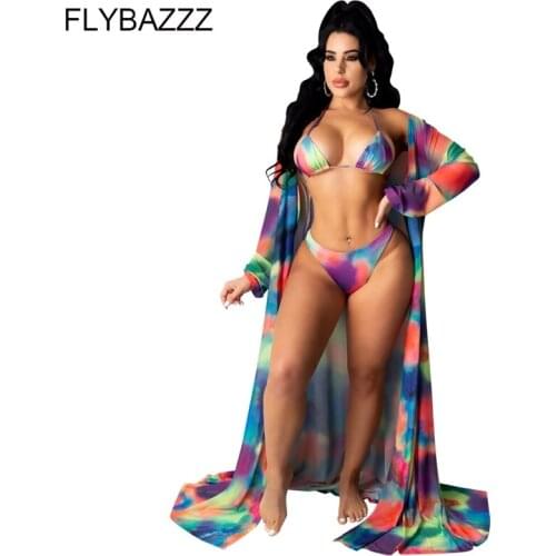 Fashion 3 Piece Sets Swimsuit Women With Cover Ups Bikini Women Sexy Printed Halter Swimwear And Long Cover Up Outfit Beach Suit