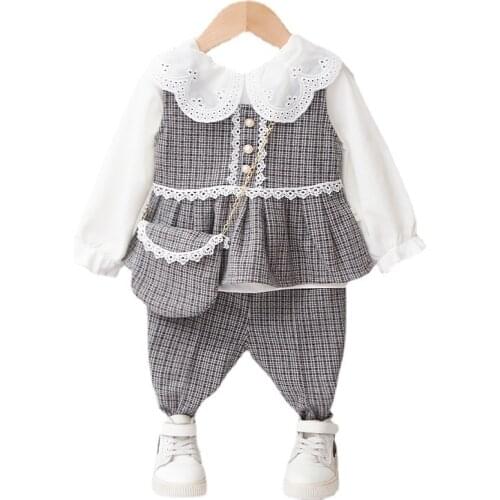 New Spring Autumn Toddler Casual Costume New Baby Girls Fashion Clothes Suit Children Lovely Plaid Vest T Shirt Pants 3Pcs/sets