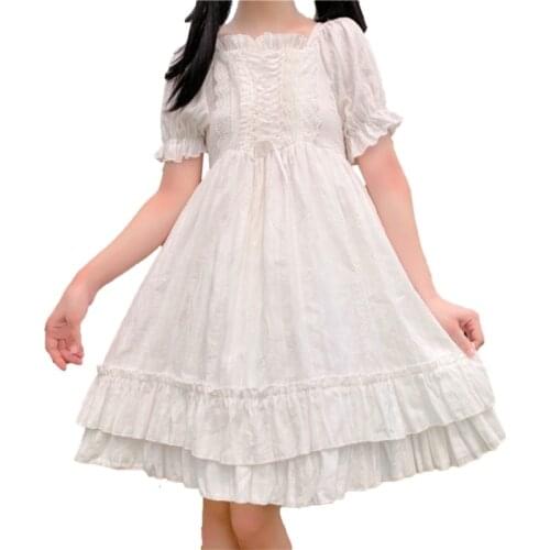 Summer Soft Girl Lolita Casual Dresses Teen Puff Short Sleeve Bandage Cute 2021 Vintage Lace Ruffle Fairy Princess Party Clothes