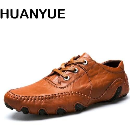 Summer Men Casual Shoes High Quality Leather Mens Loafers Comfortable Lace Up Men Shoes Flat Driving Shoes Plus Size 45,46,47