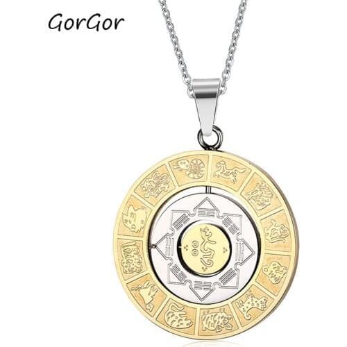 GorGor Trendy Classic Stainless Steel Rotatable Constellation Pendant Necklaces for Women Fashion Statement Jewelry PN-308