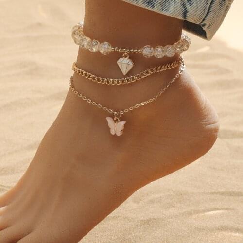 Fashion Acrylic Animal Anklets Womens Vintage Multilayer Pink Butterfly A Three-piece Refill Pendant Anklets Jewelry for Girls