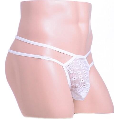 Mens G-String T-Back Shorts Men Underwear Sexy Strappy Thong Lace High Elastic Lingerie Gay Breathable Underpants Cueca Exotic