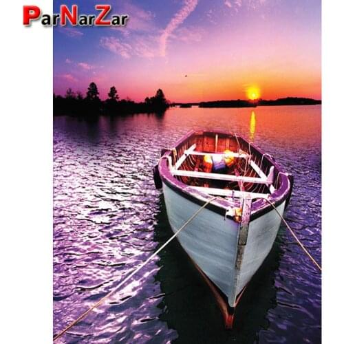 ParNarZar Diamond Painting Kit Full Drill DIY Rhinestone Embroidery Cross Stitch Arts Craft Fishing Boats In Sunset