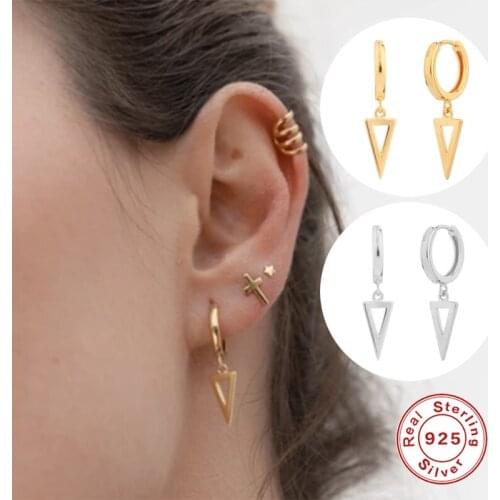 Genuine 925 Sterling Silver Jewerly Geometric Trangle Drop Earring For Lovers' Couple Anniversary Wedding Huggies Dangle Earring