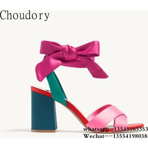 Sexy Open Toe Chunky Heels Lace Up Women Sandals Ankle Wrap Pleated Butterfly-knot Sexy High Heels Shoes Female Mixed Colors