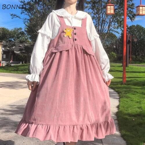 Sleeveless Dress Women Solid Ruffles Kawaii Lovely Spaghetti Strap Preppy Style A-Line Mid-calf Casual Japanese Sweet Female New