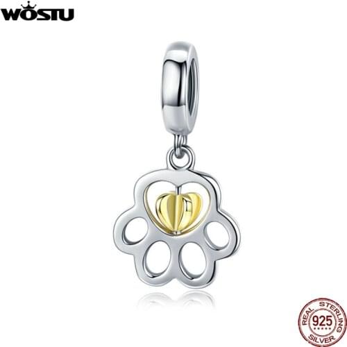 WOSTU Paw Dog Footprint Dangle Charms 925 Sterling Silver Bead Fit Original Bracelet Pendant Beads For Jewelry Making CQC1251