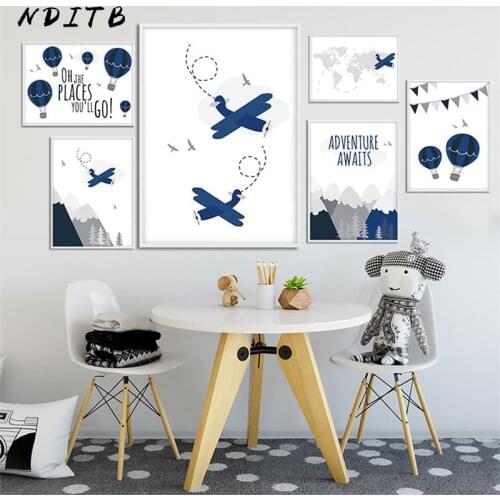 Adventure Airplane Mountain Nursery Canvas Painting Child Blue Cartoon Poster Art Print Nordic Kids Baby Room Decoration Picture