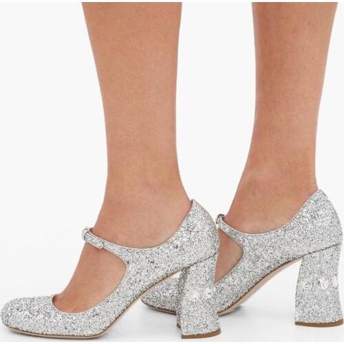 Bling Bling Mary Jane Wedding Pumps Crystal Studs Chunky Heels Bride Shoes Ladies Glitter Sequins High Heels Shoes