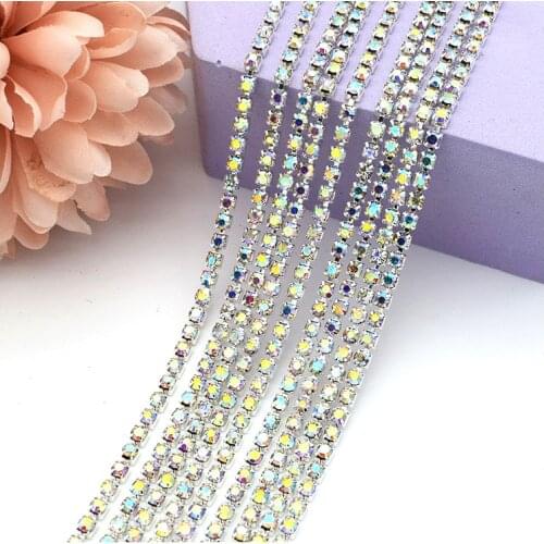 Sewing Garment 5 Yards/Lot Silver Base AB Color Glass Gule on Rhinestones Chain for DIY Craft Material