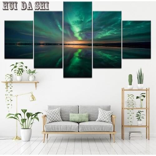 Modern Home Wall Art Decor Framework Pictures 5 Pieces Lake Shadow Aurora Night Landscape HD Printed Painting On Canvas Posters