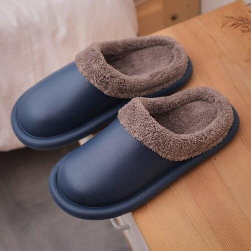 Leather Warm Winter Home Slippers Non-Slip Thick Warm House Shoes Cotton Women Men Slippers Indoor Shoes Flats Plus Size 36-45