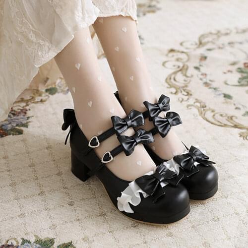 Sweet Lolita Princess Mary Janes Shoes Black Pink Bowtie Ruffles Uniform School Shoes for Girls Mid Heel Black Punk Lace