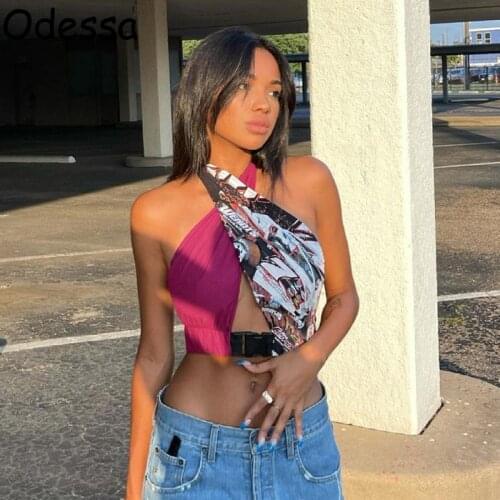 Odessa Sexy Hollow Out Patchwork Halter Neck Wrap Tank Top Summer Sleeveless Letter Print Party Club Cropped Top For Women 2021