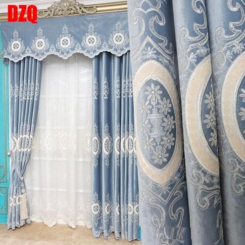 Custom Curtains Luxury European Living Room Embroidered Thick Velvet Blue Cloth Blackout Valance Curtains for Living Room