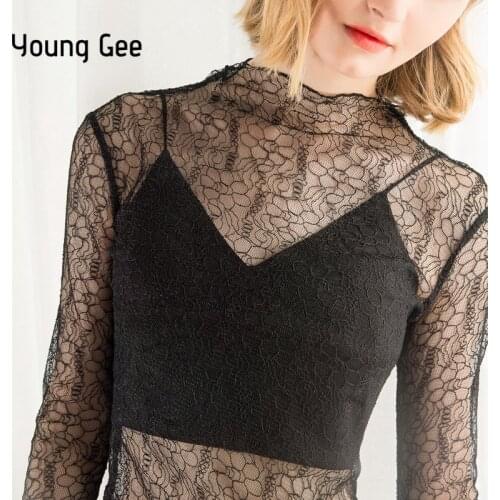 Young Gee 2019 Spring Summer Women Flower Embroidery Transparent Lace Blouses Sheer Mesh Blusas Shirts Sexy Tops Chemise Femme