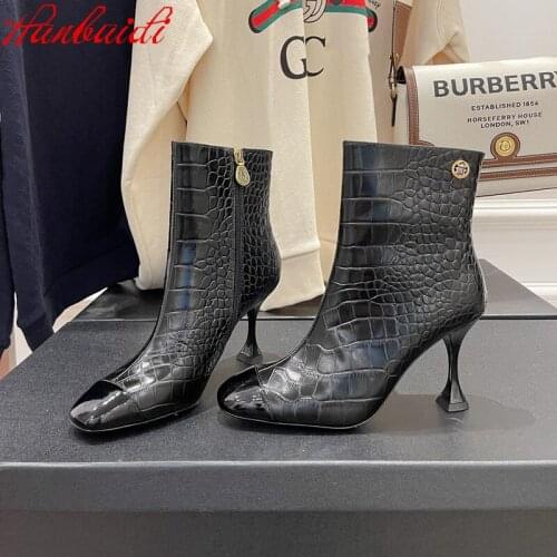 Women New Short Boots Autumn Genuine Leather Mid-Calf Boots Super High Heels Zipper Crocodile Pattern Designer Shoes Size 34-41