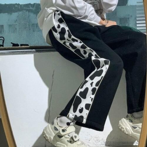 QWEEK Cow Print Sweatpants Women Baggy Korean Style Jogger Sweatpants Harajuku Black Loose Sports Pants Women Casual Oversize