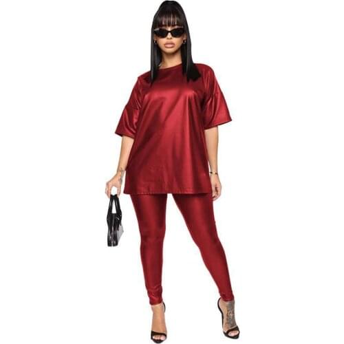 Plus Size Casual Women Set Tracksuit 2 Piece Outfits Summer PU Faux Leather Matching Sets Two Piece Set Top and Pants Leggings