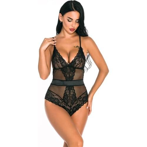 Womens Erotic Underwear Sexy Lace V-Neck Hollow Out Bodysuit Spaghetti Straps Teddies See Through Babydolls Lingerie Nightwear