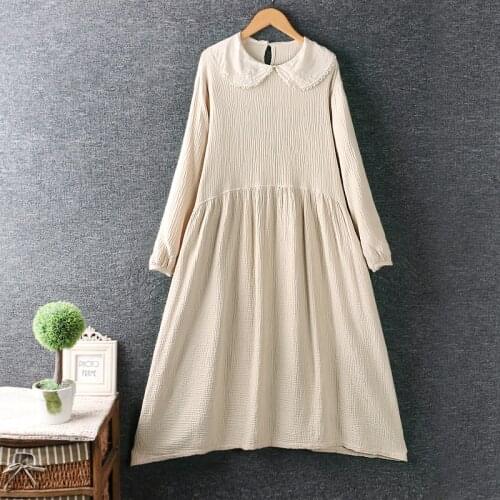 Lamtrip Retro Embroidery Peter Pan Collar Cotton Yarn Loose Long Sleeve Dress 2021 Spring Mori Girl