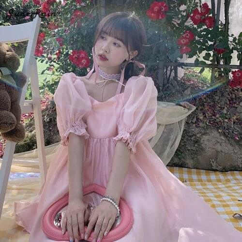 Kawaii Mini Dress Women Summer 2021 Puff Sleeve Korean Casual Party Dresses Pink Sweet Cute Princess Lolita Sundress Beach Boho