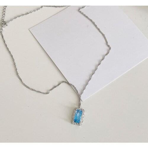 100% 925 Sterling Silver Rectangular Blue Crystal Pendant Necklace For Women, Elegant Woman Necklaces Neck Chain Jewelry