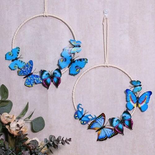 2PCS Floral Hoop Wreath Decor Hanging Hoop Garland Simulation Butterfly Hanging Decorations For Room Party Wall Craft Ornaments