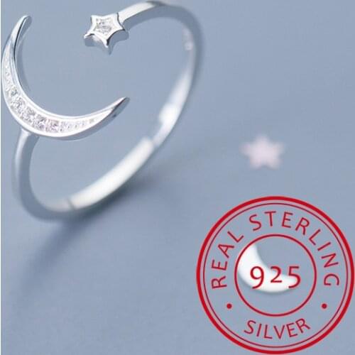 2019 New 925 Sterling Silver Adjustable Women Rings Rhinestone Moon Star Wedding Rings for Women Girls Party Wedding Jewelry