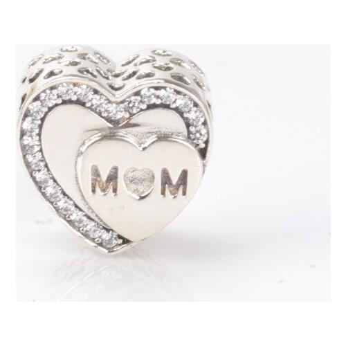 Bewill Genuine 925 Sterling Silver Mothers Day Mothers Heart, Heart-shaped Charm Fit Original Bead Bracelet
